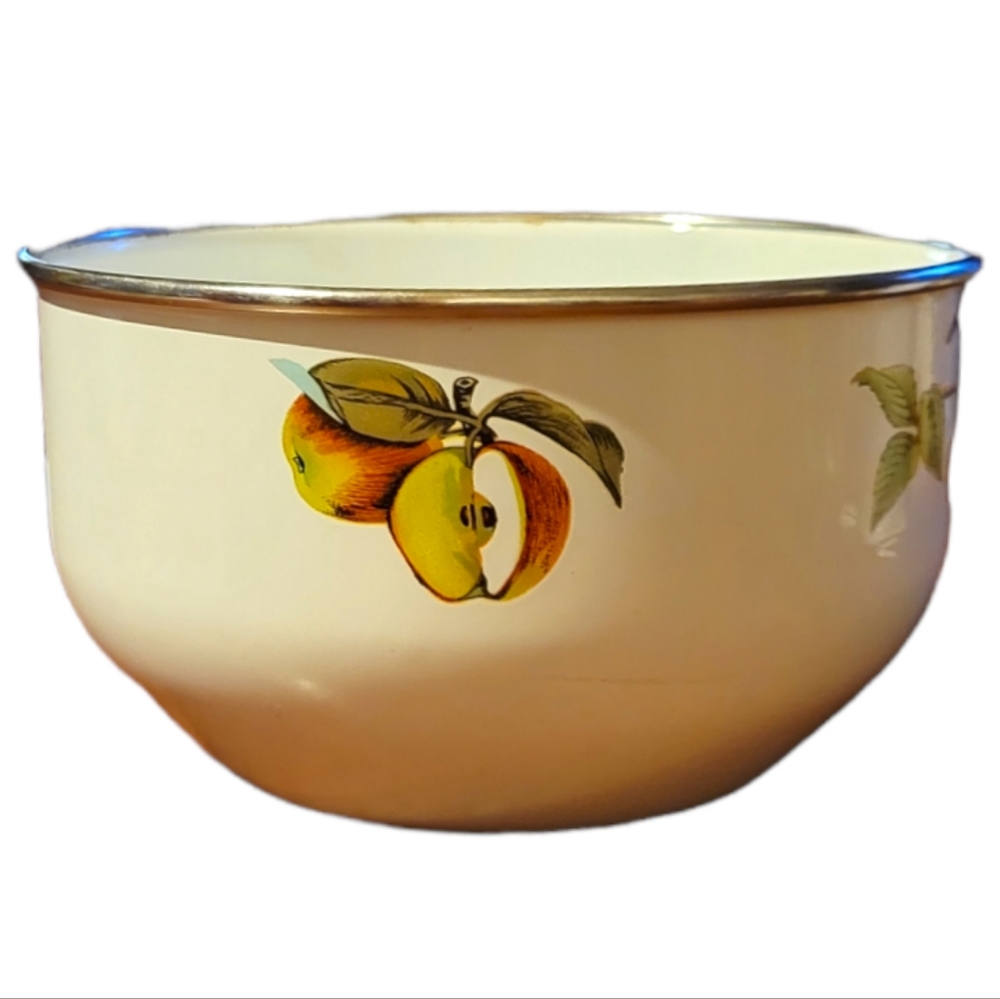 Vtg Tabletops Unlimited Vitroceramic Brass Rim Bowl Dish Enamal Fruit